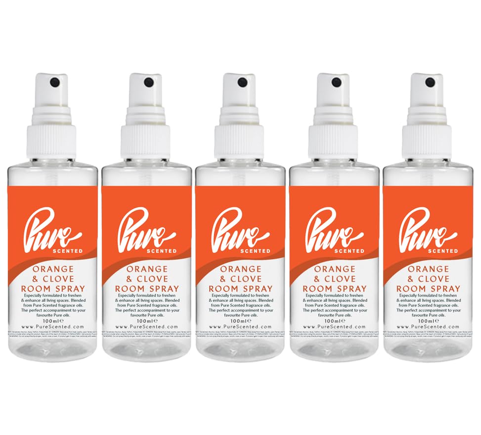 "Pure Scented 500ml Room & Fabric Sprays 5 x 100ml Suitable For Home, Car, Caravan, Work, Gym Bags, Odour Eliminators (5 x 100ml, Orange & Clove)"