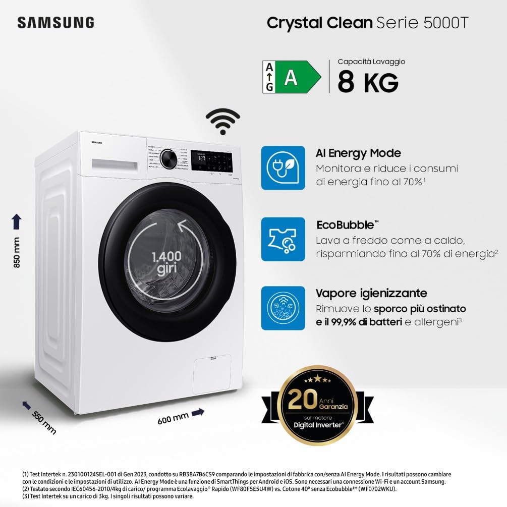 Samsung Lavatrice Crystal Clean WW80CGC04DAEET Libera installazione, 8 Kg, Wifi, Ecobubble, Vapore, Carica Frontale, 60l x 85h x 60p cm