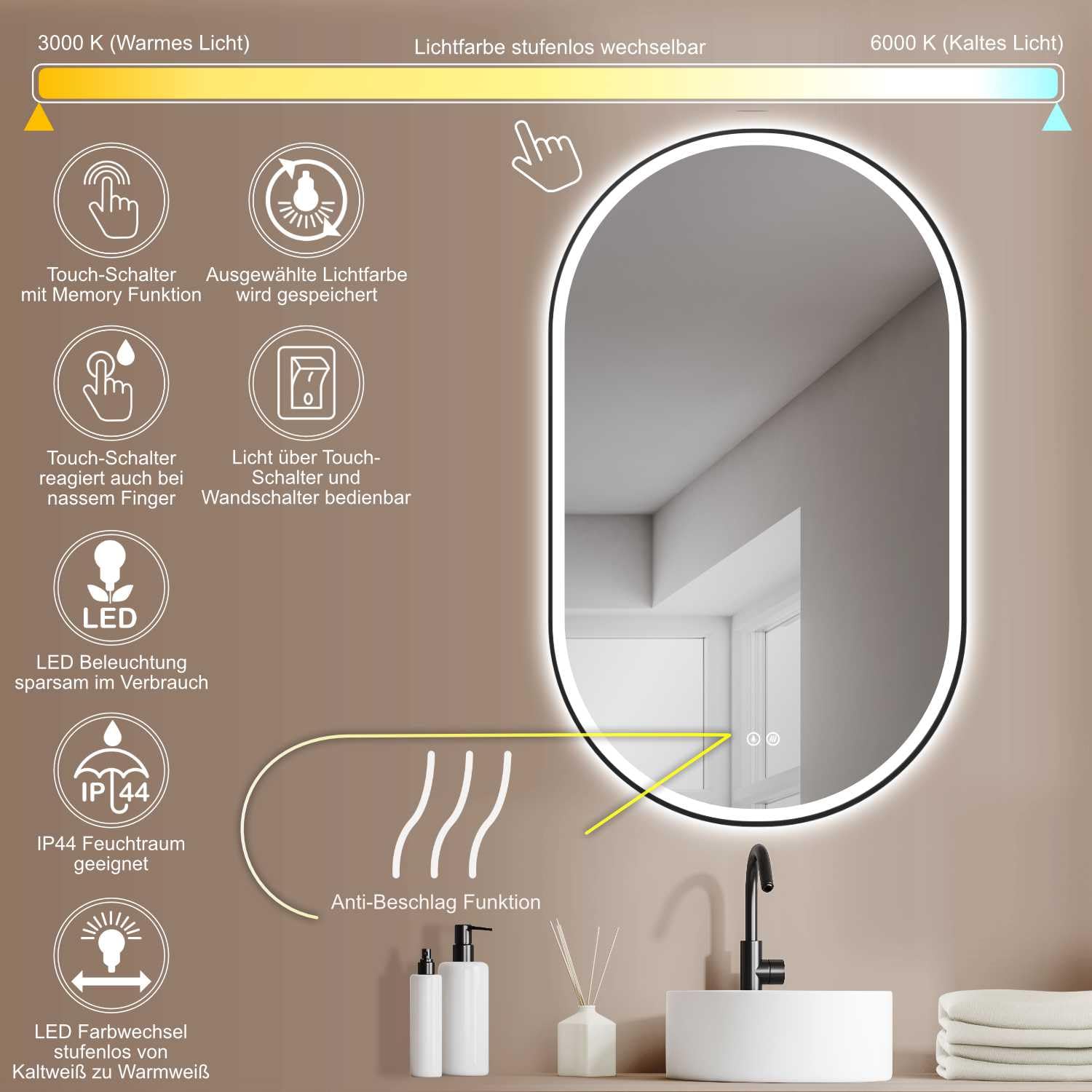 HOKO® Specchio-Bagno Ovale LED Antiappannamento 45x75/75x45cm Montaggio Verticale/Orizzontale. con Cornice Nera+Interruttore Tattile+Luce LED con Variazione di Colore Caldo/Freddo/Neutro 2700-6500K