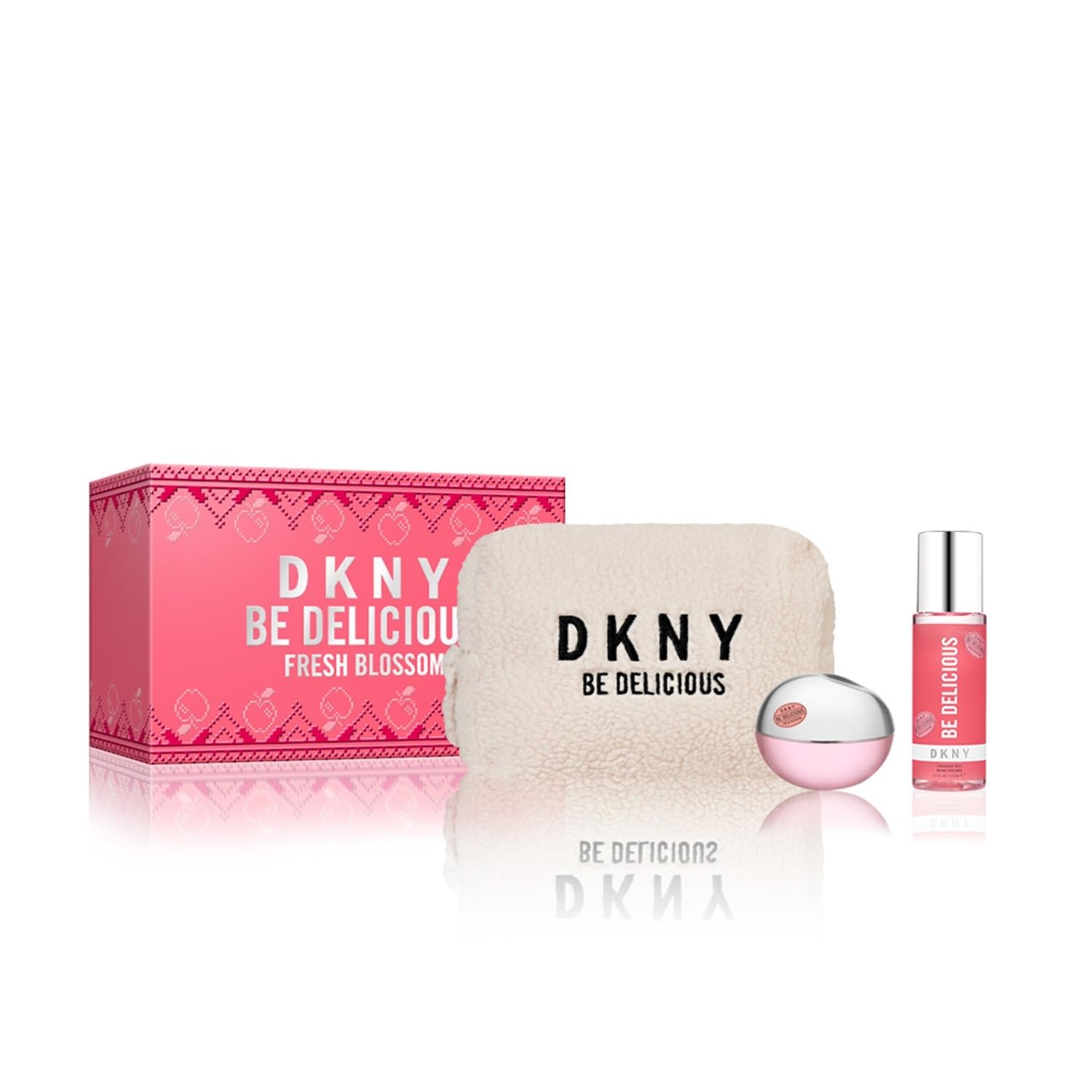 DKNY Be Delicious Fresh Blossoom Zestaw Prezentowy dla Kobiet – Woda Perfumowana 100 ml + Mgiełka Zapachowa 125 ml + Kosmetyczka Podróżna – Kwiatowy Zapach, Idealny na Co Dzień