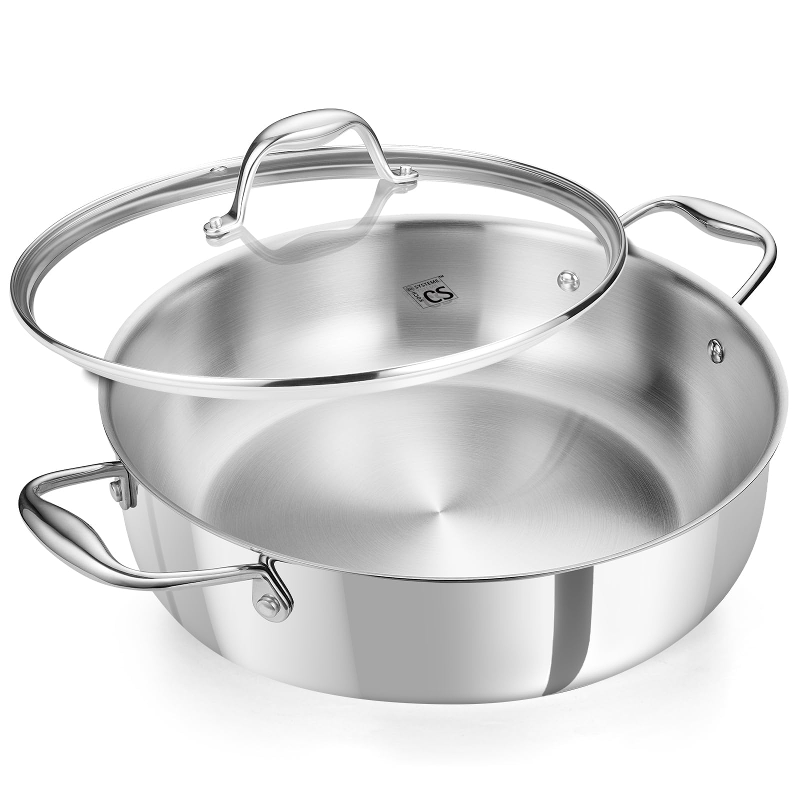 KOCH SYSTEME CS Edelstahl-Sauteuse mit Deckel 30 cm, tiefe Bratpfanne mit 3-Lagige Edelstahlpfanne, 18/10 Edelstahl-Kochfläche, zwei Griffe, induktionsgeeignet, backofen- und spülmaschinengeeignet