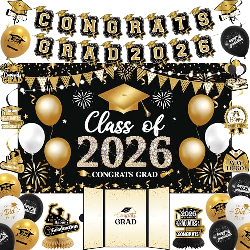 Image of Vlipoeasn Black Gold 2026 Graduation Party Decorations 2026 College /High School Graduation Decorations Party Supplies, Class of 2026 Congrats Grad Backdrop Banner Signature Book