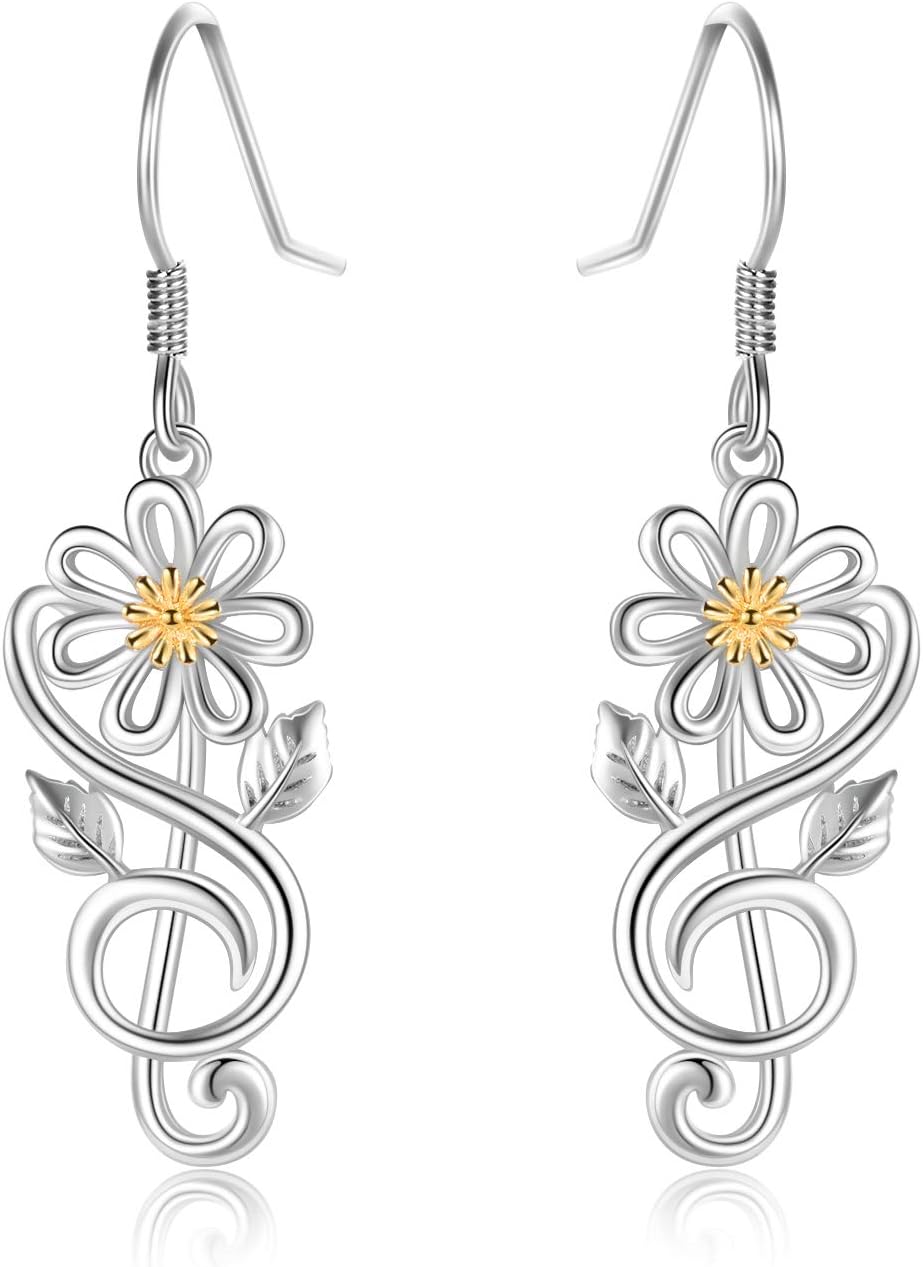 Daisy Earrings for Women Sterling Silver Music Note Treble Clef Flower Dangle Earrings Jewelry Gift for Her