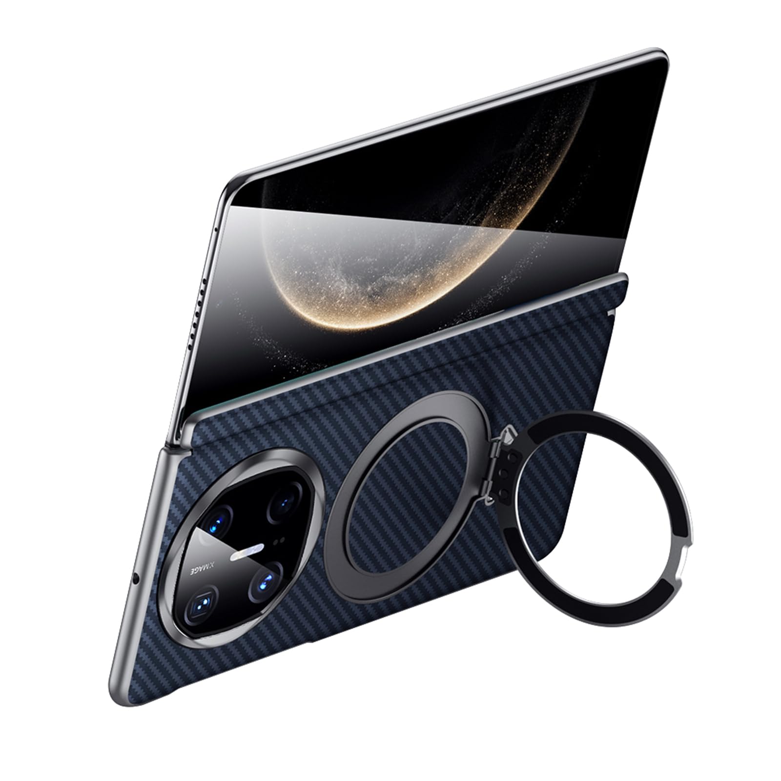 Pokrowiec ze skóry bydlęcej do Huawei Mate X6, magnetyczny uchwyt pierścieniowy z teksturą włókna węglowego etui z klapką luksusowa ochrona całego korpusu osłona z prawdziwej skóry, niebieski,