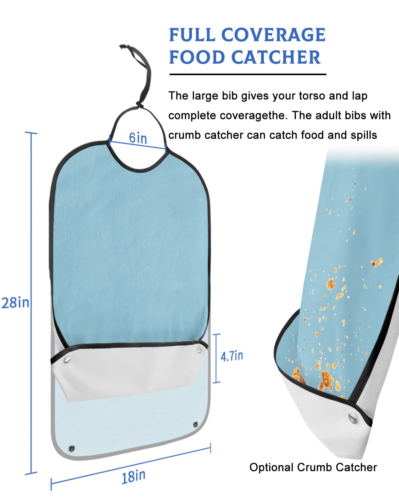 LEOKOTI Pure Sapphire Blue Adult Bibs for Eating, Waterproof Bibs with Food Catcher & Adjustable Snap Closure, Simple Solid Color Washable Clothing Protectors Adult Bibs for Elderly Women/Men