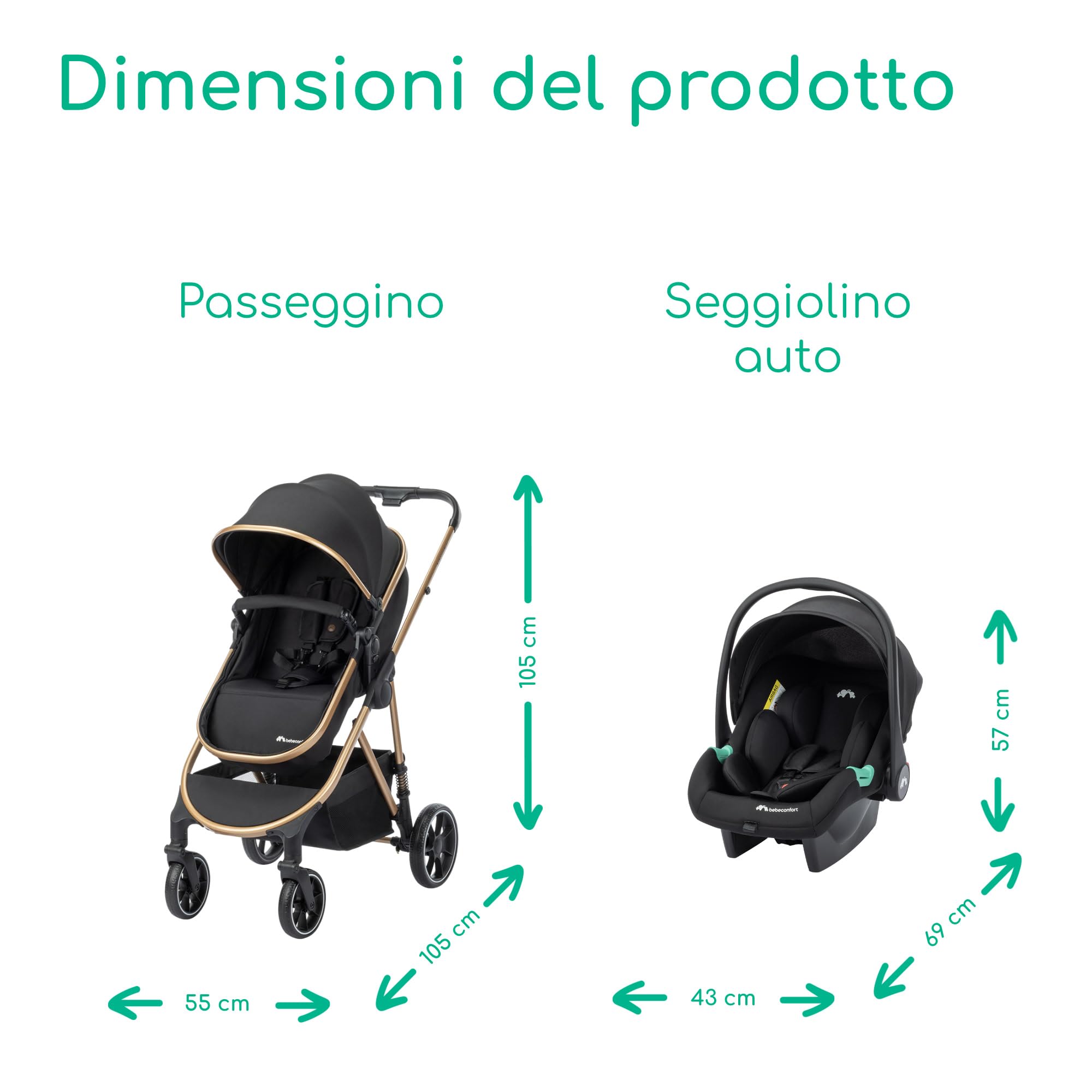 Bebeconfort Zaria Trio, Passeggino Trio Completo 3 in 1, 0-22 kg, Nero/Oro | Sistema Modulare Neonato con Ovetto i-Size, 0-4 Anni, Carrozzina Reversibile, Pieghevole e Reclinabile, 4 Ruote Ammortizzate