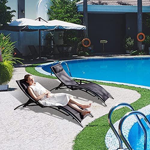 VARVIND Outdoor Patio Lounge Chair 2 Set,Chaise Lounge Chairs with Headrest,4 Adjustable Backrest Positions Lounge Chairs for Beach,Balcony,Poolside,Yard(Black)
