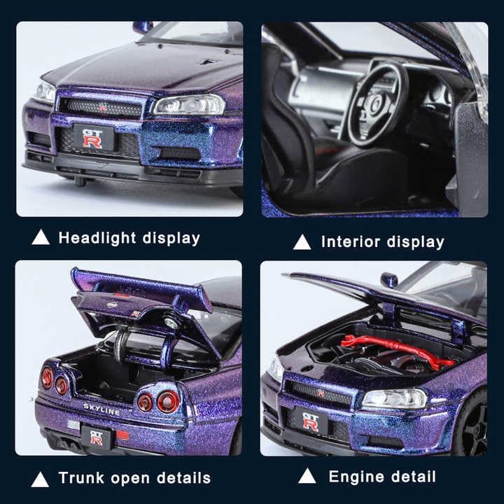 Image of Scale 1:32 Nissan Skyline GTR-R34 - White Alloy Diecast Pullback Metal Car Toy with Sound Light & Opening Doors - Best Gift Toy for Kids
