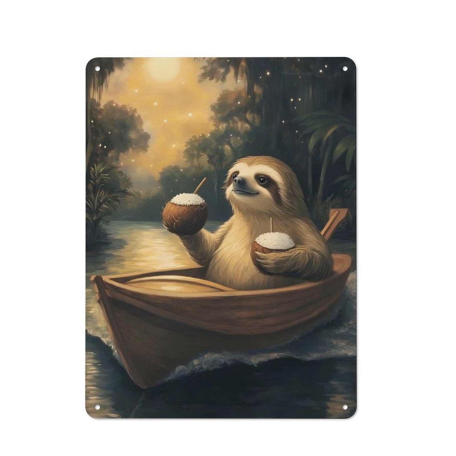 Bistro Style Sloth on A Boat with Cocktails Decorative Metal Plaque 40x30cm, Bistro Wall Plaque for Tea Room, Shop Wall Or Breakfast Area