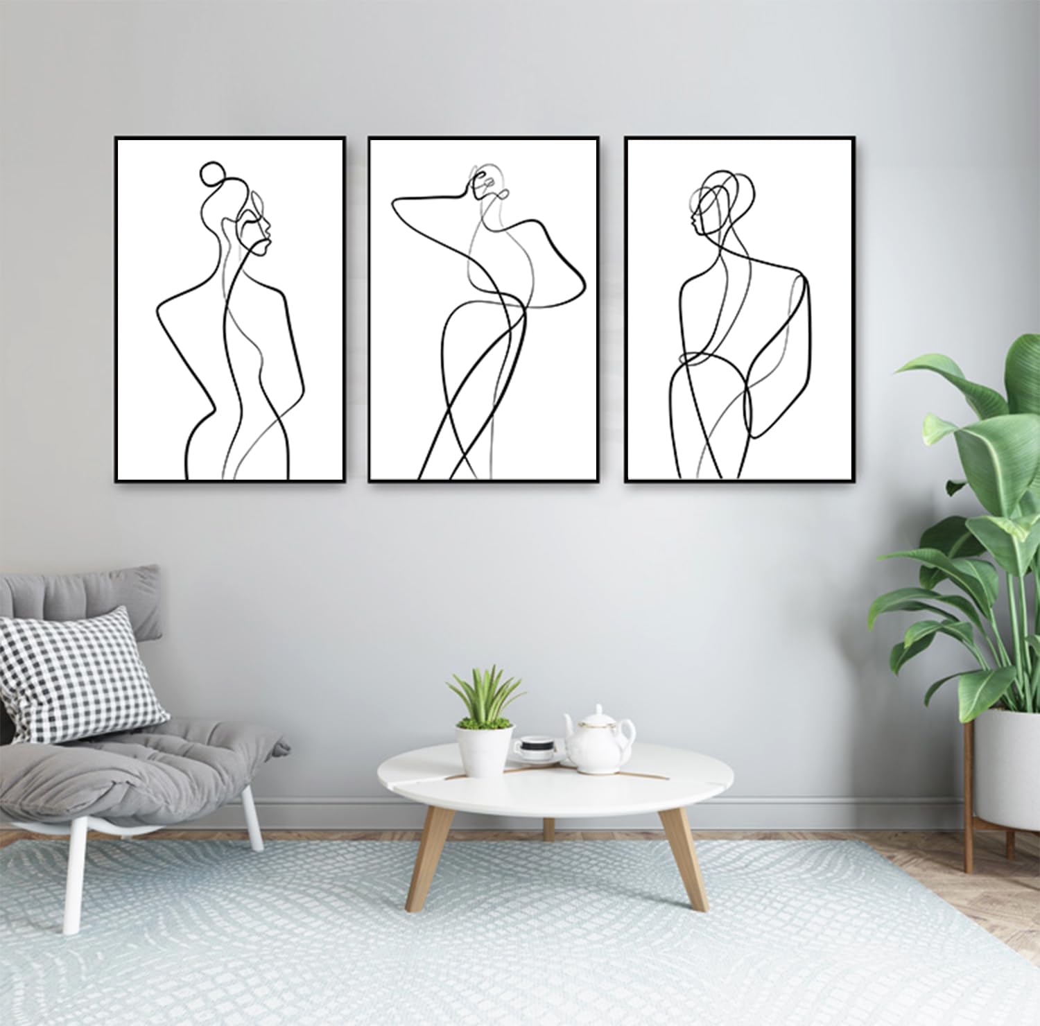 Minimalist Line Art Prints - 3pc Black & White Abstract Kitchen Wall Decor 12x16" Unframed