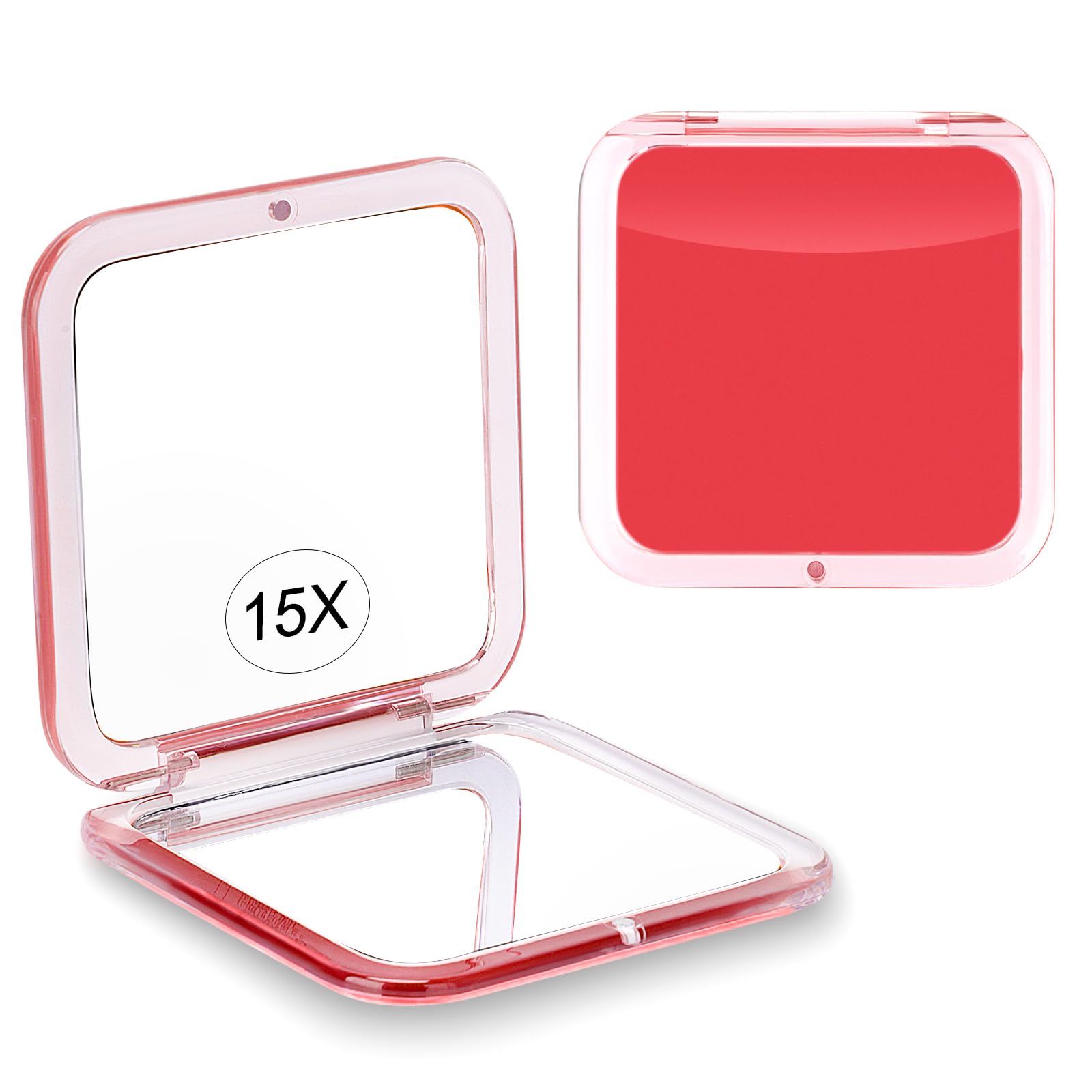 Compact 15X Magnifying Makeup Mirror for Travel, Small Pocket Mirror-Handheld, Foldable & Portable 2-Sided with 15X Magnifying and 1X Mirror for Purses - Square 3.3 x 3.3 inch (Red)