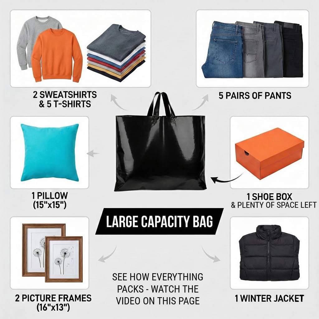 19.5x15 Large Plastic Shopping Bags with Handles - 3 Mil Thick Heavy Duty Black Merchandise Bags for Small Business, Boutique & Retail - Glossy Gift Bags (60 Pack)