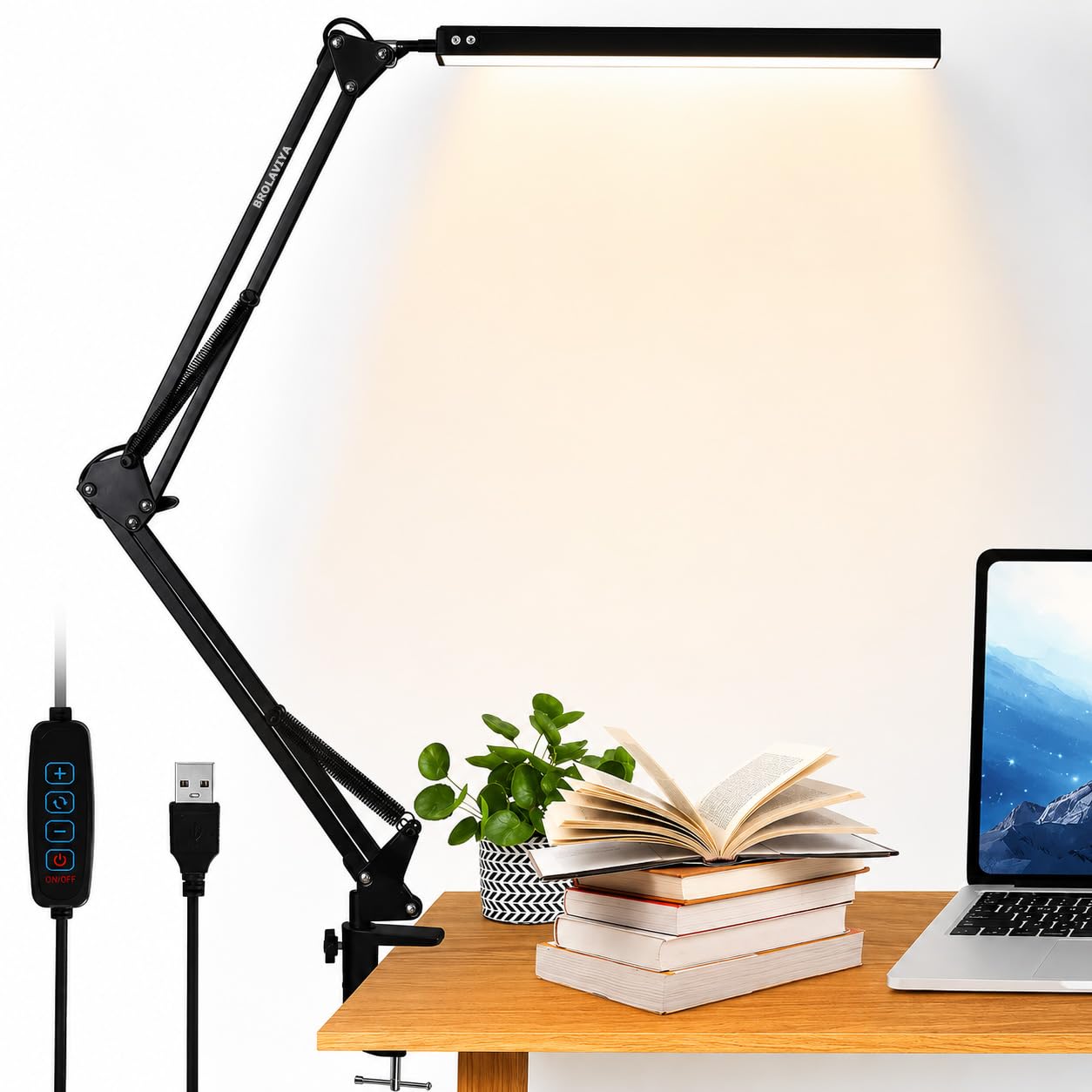 BROLAVIYA Overhead LED Desk Lamp Light with Metal arm Stand,3 Lighting Modes,360 Degree Spin for Home Office,Desktop,Bedroom,Reading, Study lamp etc