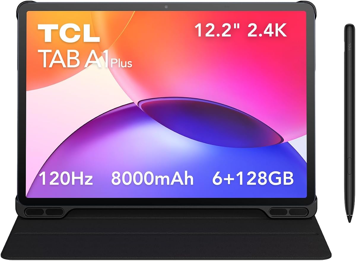 TCL TAB A1 Plus Tablet Flipcase & Pen 12.2" 2.4K 120Hz refresh rate 8000mAh Extra Large Battery 6GB+128GB, 4 Speakers Qualcomm Snapdragon 4 Gen2, Android 16 Ultra Slim metal design 6.7mm 542g Grey