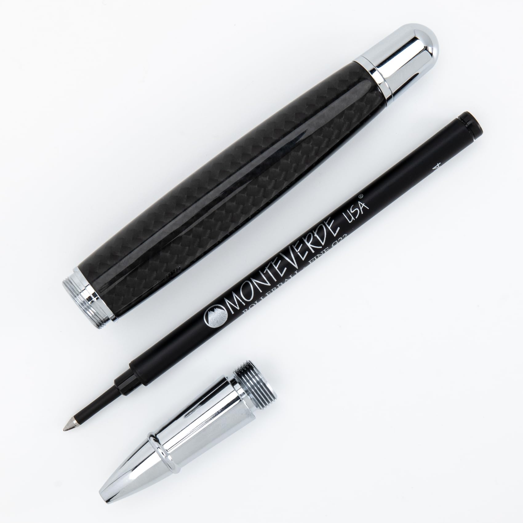 Monteverde USA Super Mega Kohlefaser-Tintenroller, Chromverzierung, robuster Kohlefaser-Körper, nachfüllbar mit Standard-Tintenroller-Minen, elegant und stark