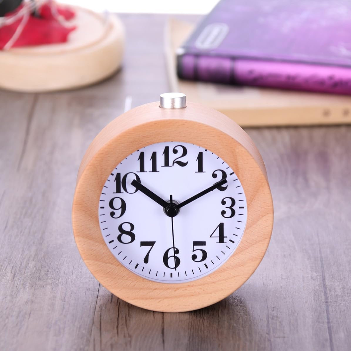 Operitacx Reloj Despertador, Redondo de Madera Silencioso y Luz Nocturna Diseño Clásico para Oficina y Decoración de Escritorio