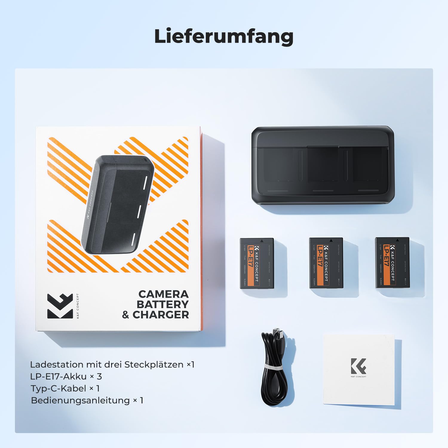 K&F CONCEPT LP-E17 Akku 1250mAh (3er Pack) mit 20W LED PD Schnellladegerät Kompatibel mit Canon EOS R50 R100 RP R10 R8, Powershot V1, T8i T7i T6i T6s SL2 SL3 M3 M5 M6 200D 750D 760D 800D 8000D