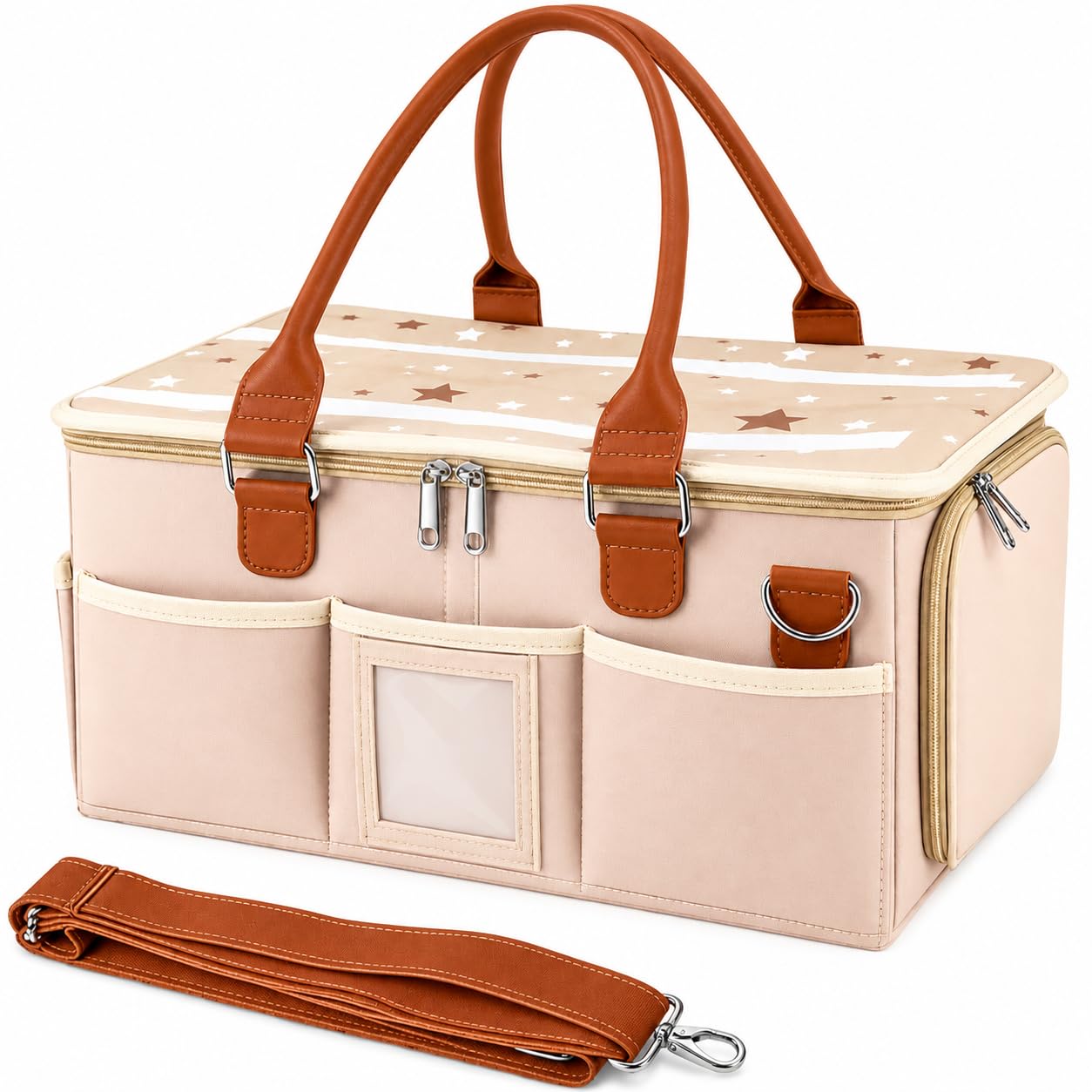 diaper caddy organizer for baby essentials - portable nursery storage basket with removable dividers, changing table organizer for diapers, wipes & clothes, baby showers gift (new beige)