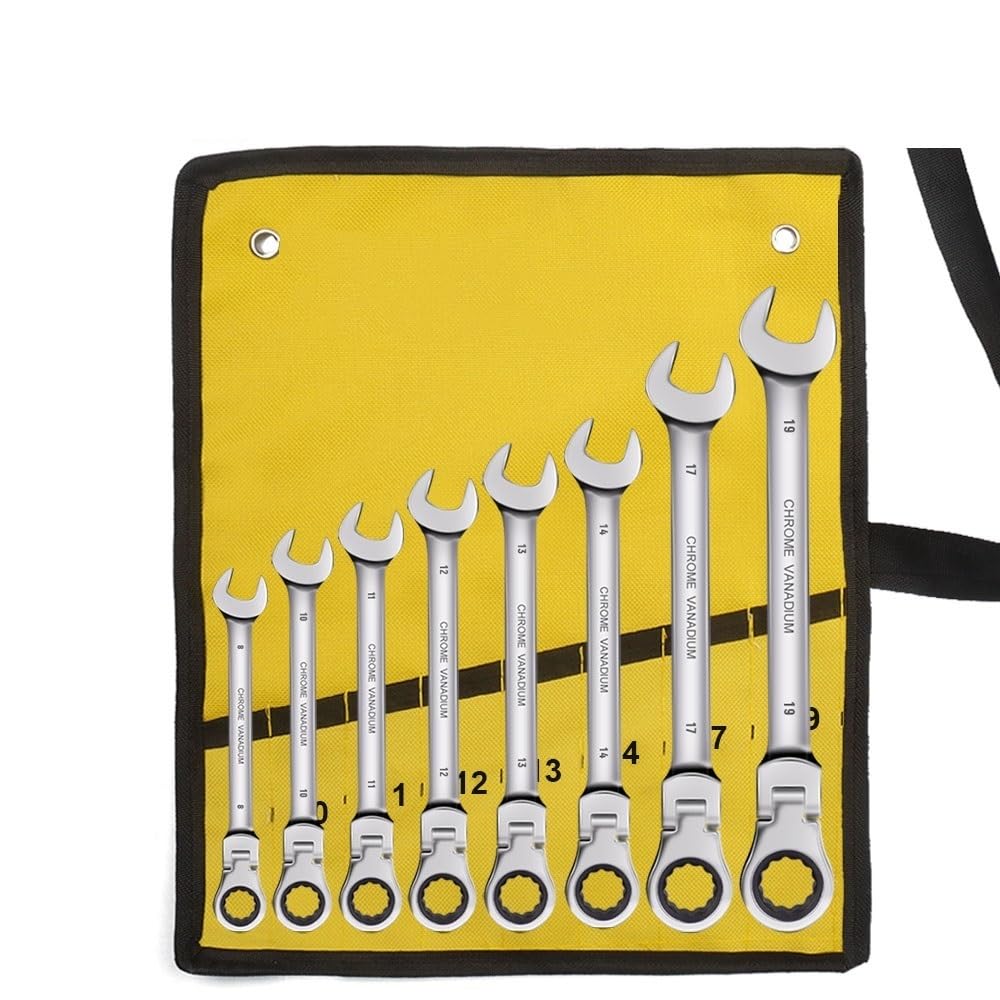 SHUNMIN MaulschlüSsel Set Ratschenschlüsselsatz mit flexiblem Kopf, Ratschenschlüssel aus Chrom-Vanadium-Stahl, Ringmaulschlüsselsatz mit Leinentasche SchraubenschlüSsel Set(8 pcs(8-19mm) Y)