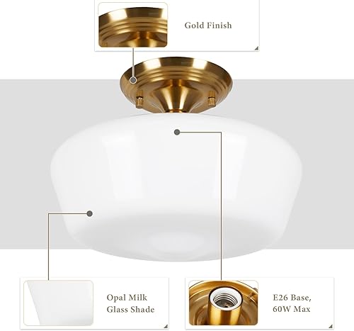 Miniatura 3 de Lámpara de techo semiempotrada estilo colegial, lámpara de techo moderna dorada de 12 pulgadas con pantalla de vidrio de leche de ópalo de latón,