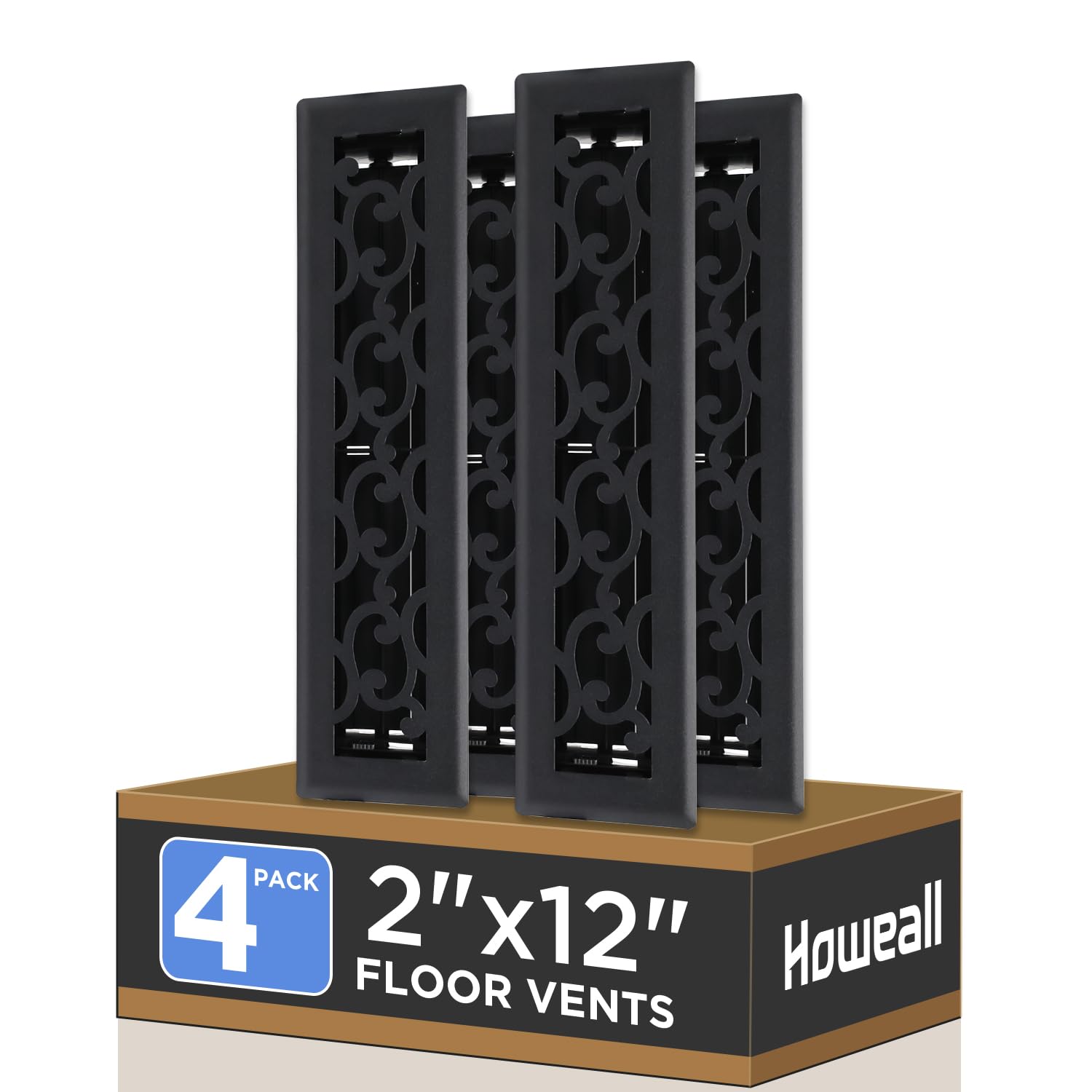 Howeall 2x12 Inches 4 Pack Heavy Duty Walkable Floor Register - Easy Adjust Air Supply Lever Decorative Floor Vent Covers, Savannah Design Vent Covers for Home - Matte Black