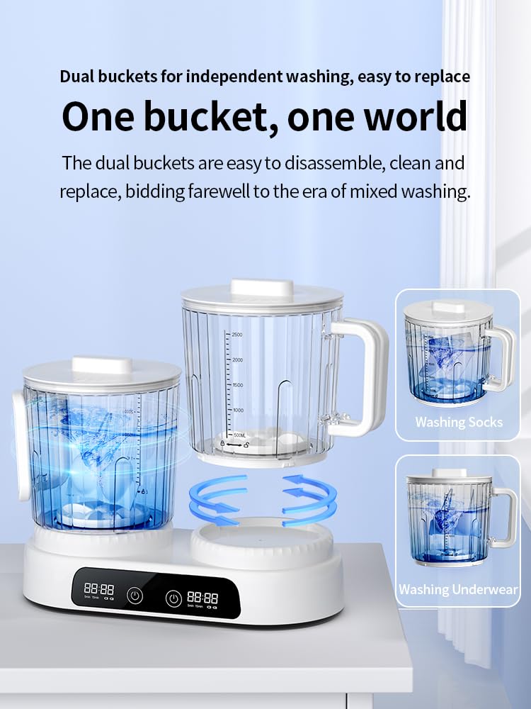 Lavadora de ropa interior, 2.5 L x 2 tazas de doble capacidad, mini lavadora portátil de gran capacidad