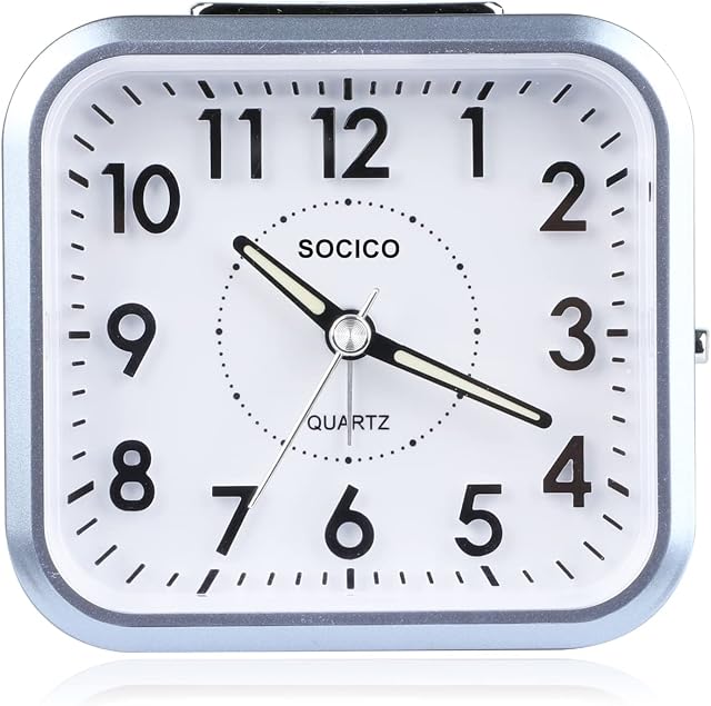 SOCICO Alarm Clock Analogue,Travel Clock Silent Non Ticking Bedside Clock with Night Light Snooze Function Battery Operated Clocks for Desk Table Bedroom Office Bathroom