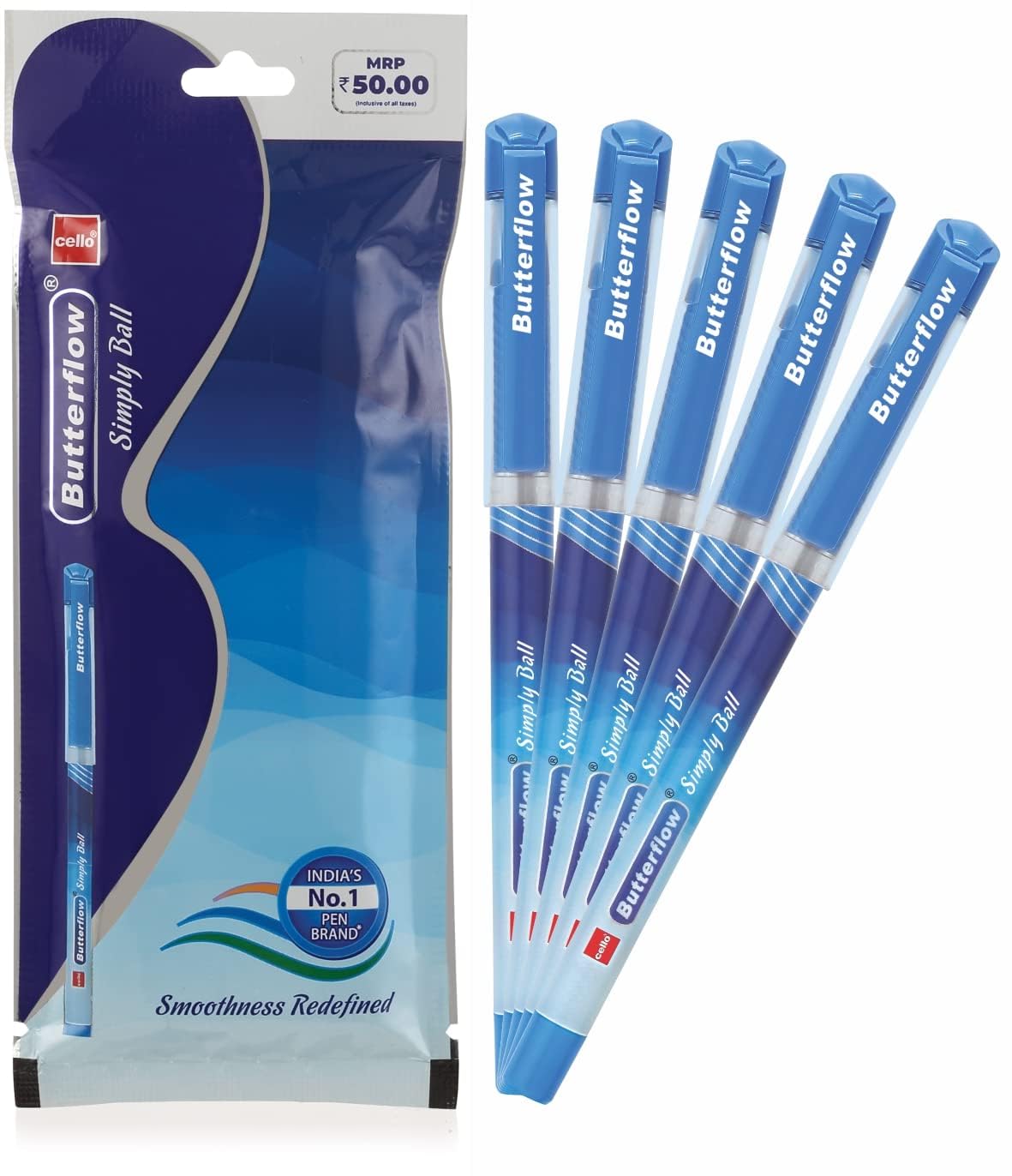 Cello Butterflow Simply Ball Pen Set | Pack of 5 Ball Pens | 5 Blue Ink Colour Pens | Smooth Writing Experience | For Students and Office Use | Best Pen for Exams