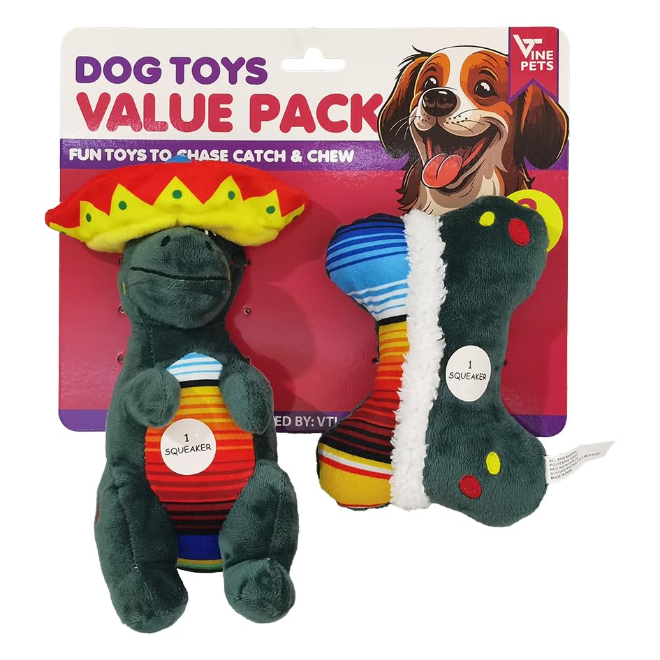 Jouets couineurs en peluche pour chien (lot de 2) - Dinosaures et os de Noël toutes races
