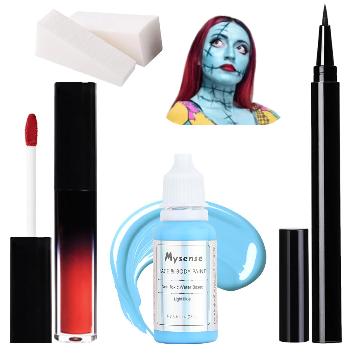 Mysense Sally Makeup Kit,Halloween Sally Costume Corpse Bride Makeup,Sally Face Cosplay Accessories for Women,Light Blue Face Paint+Red Lipstick+Black