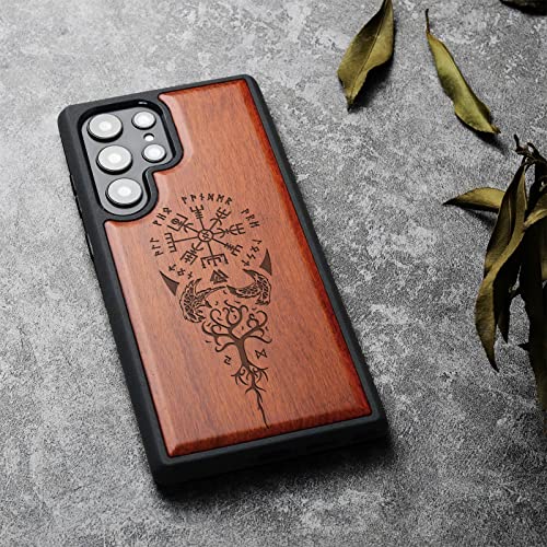 Image of Carveit Wood Case for Galaxy S23 Ultra, (The Guiding Vegvisir-Rosy) | Samsung Galaxy S23 Ultra Cover, Unique Wooden Design, Engraved Wood with TPU Shockproof Bumper, Wireless Charging Compatible