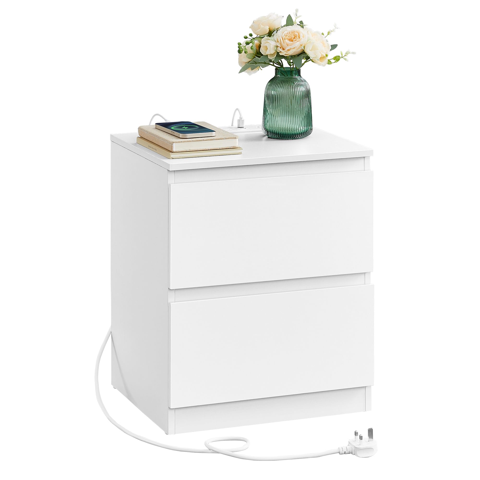 VASAGLE KAILYN Collection - Nightstand with Charging Station, Bedside Table with Drawers, Side End Table, 2 AC Outlets, 2 USB Ports, for Living Room, Bedroom, Study, Cloud White LET621W01