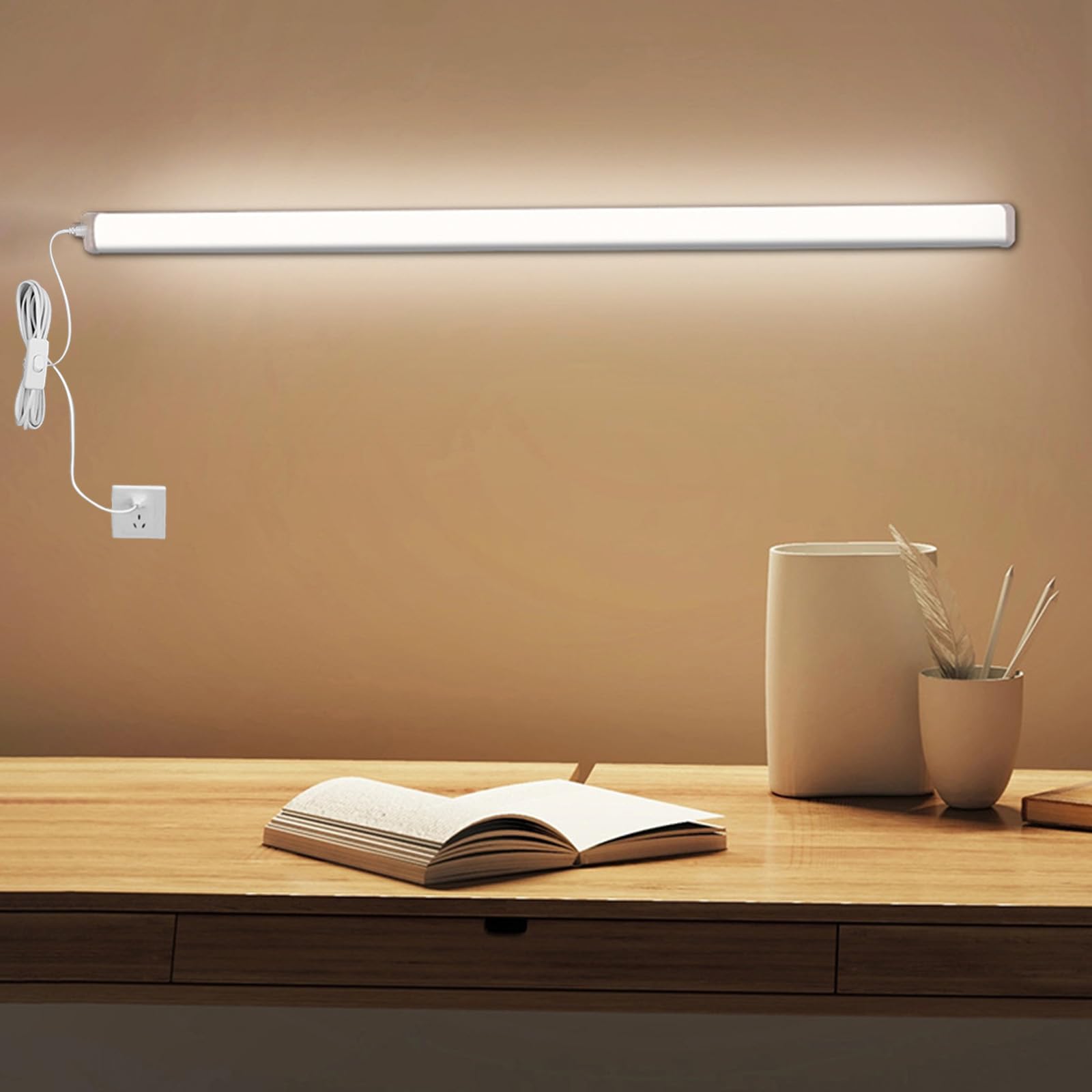 Lampa ścienna LED z przełącznikiem i kablem wtykowym, nowoczesna lampa ścienna, do kuchni, czytania, do salonu, sypialni, szafki kuchennej, stołu warsztatowego (białe, naturalne światło, 90 cm)