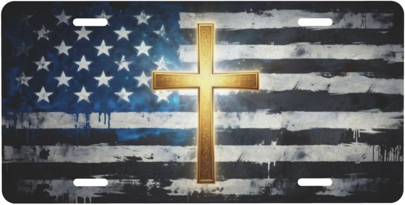American Flag Christian Cross License Plate for Women Men Car Vanity Plates Decorative Aluminum Metal Novelty Front Plate Faith 6x12 Inch (4 Holes) Birthday Christmas