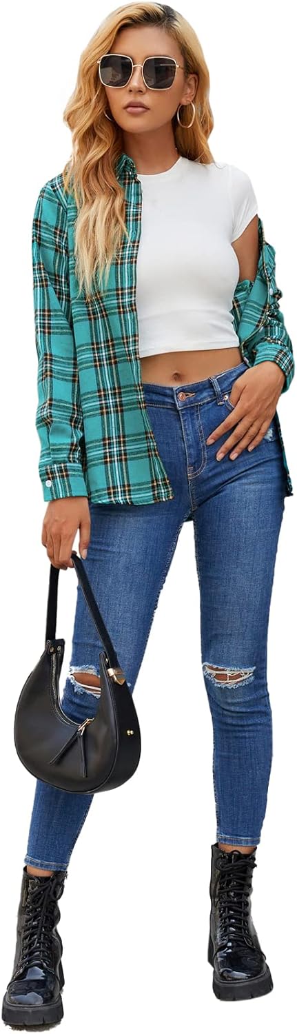 SANGTREE Girls' Women's Long Sleeve Flannel Plaid Shirt Button Down Cotton Shirts, 3 Months - US 2XL at  Women’s Clothing store