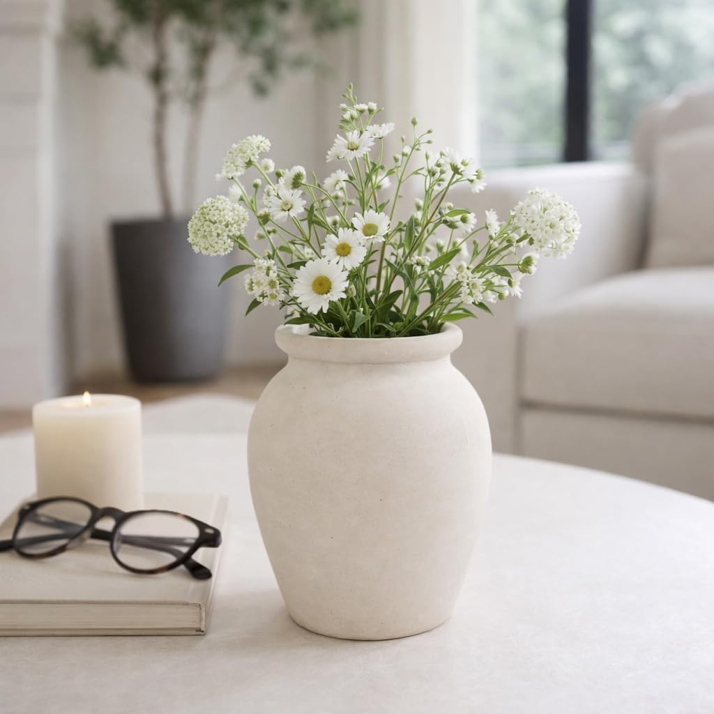 Decorative Terracotta Bud Vase for Living Room Decor - Stylish Home Decor Accent for Bedroom, Office Spaces, or Table Centerpiece - Casual Flower Vase for Hallway Styling or House Decor - 7", Ivory