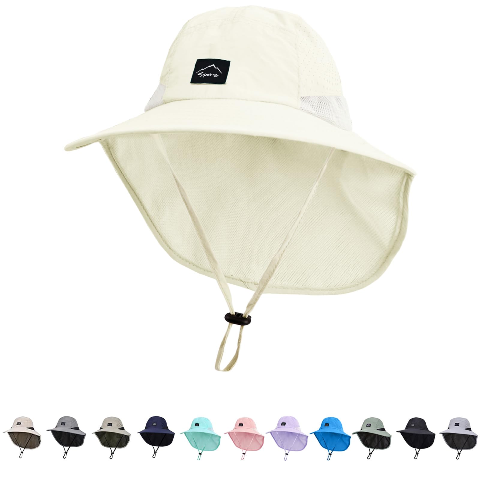 Outdoor Kids Sun Hat with Neck Flap UPF 50+ Quick Dry Beach Hats for Baby Boys Girls Age 2-12 Years Adjustable Purebeige