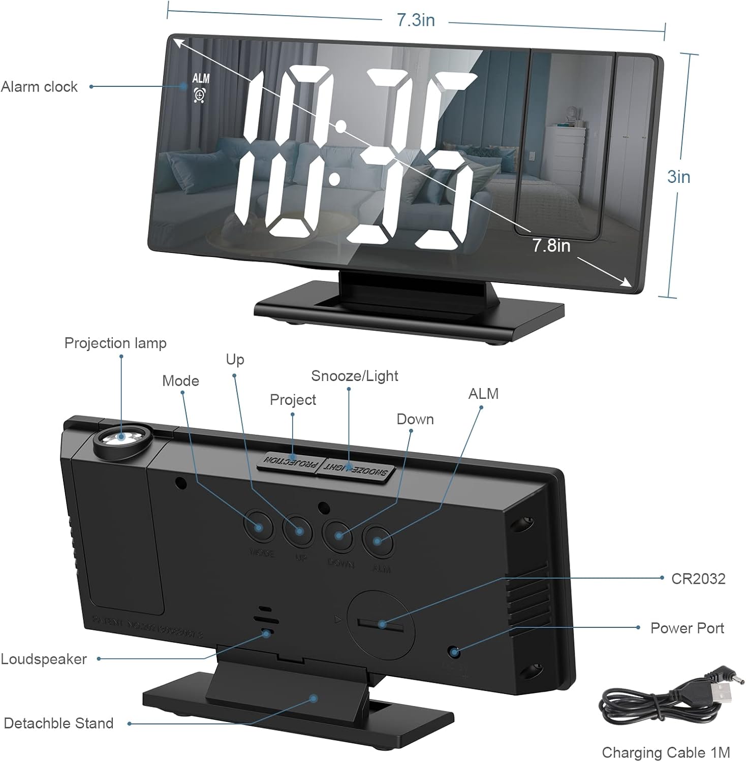 Diagram of the Ankilo Projection Digital Alarm Clock's back panel with labeled buttons and ports
