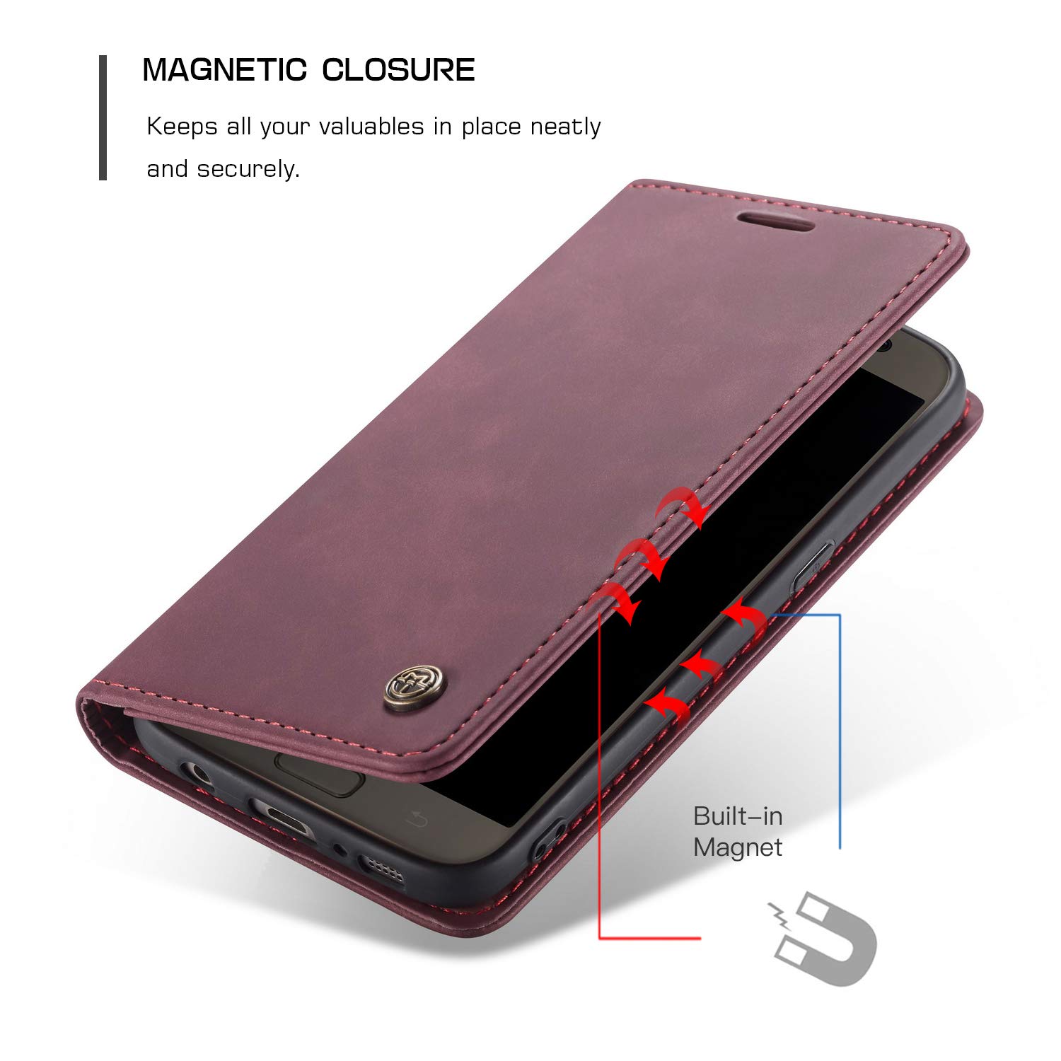 Xinyunew Cover Portafoglio Per Galaxy S7 Edge Con Vetro Temperato E Slot Carte – Rosso – Custodia A Libro Con Chiusura Magnetica - 2
