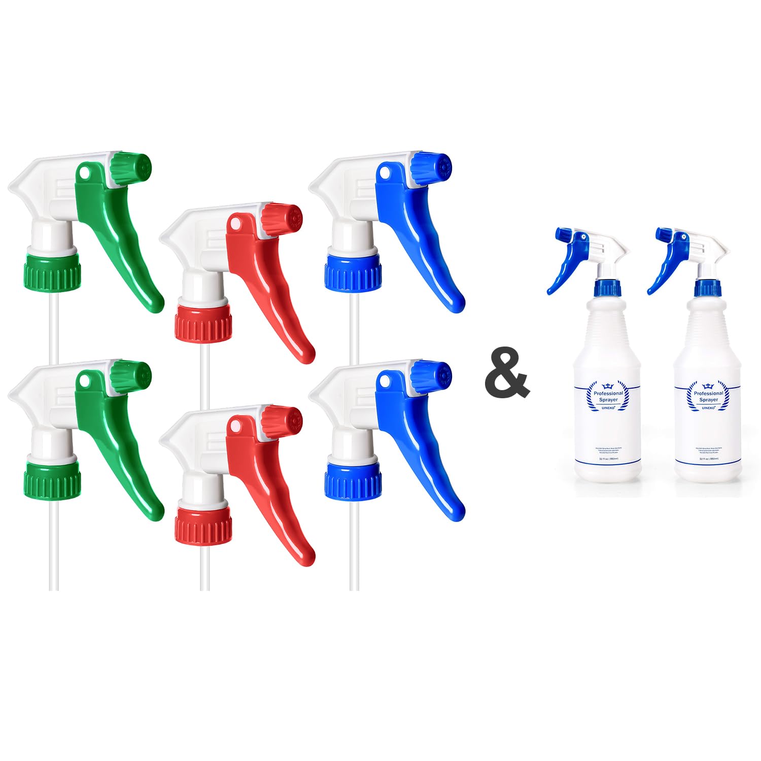UinekoPlastic Spray Bottle (2 Pack, 32 Oz) & Replacement Trigger Sprayer Nozzle (6 Pack) - 8 Sprayer Nozzles In Total