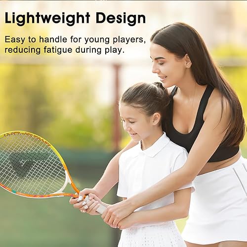 Miniatura 10 de Raqueta de tenis para niños pequeños, kit de iniciación de 17-25 pulgadas para niña, rosa y amarillo con bolsa de nailon 420D