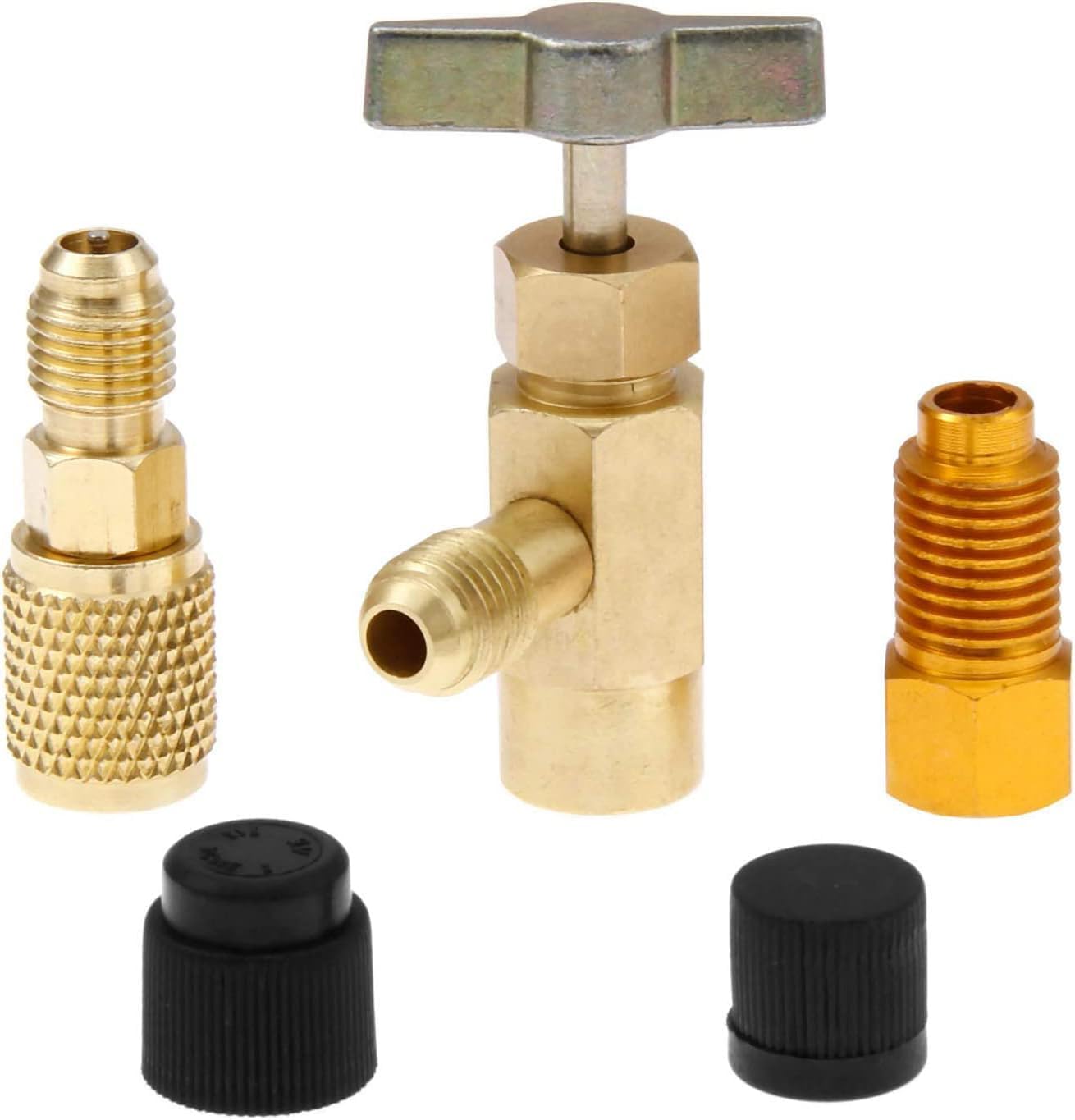 Unifizz 5Pcs Can Tap Refrigerant Dispenser Valve male connector with Dust Caps Charging Hose 1/4 SAE 1/2 Acme 1234yf bottle opener 1/2LH to 1/4 for R134a R12 R22