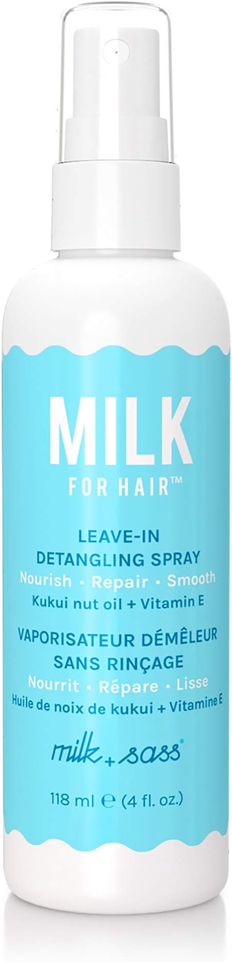 milk + sass Leave-in conditioner spray Lightweight anti-frizz nourishing UV & Thermal protectant detangler Hydrating Primer with kukui nut oil Vitamin E, 4 Fl Oz