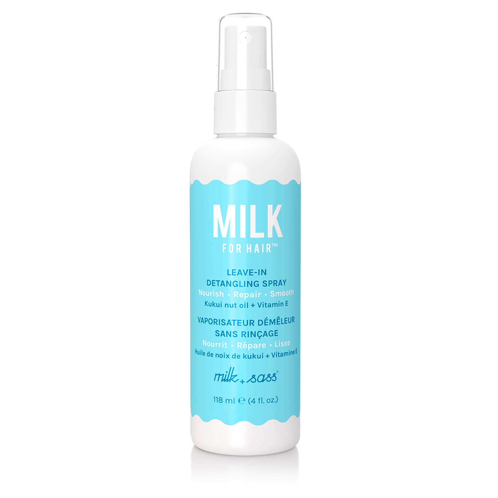 milk + sass Leave-in conditioner spray Lightweight anti-frizz nourishing UV & Thermal protectant detangler Hydrating Primer with kukui nut oil Vitamin E, 4 Fl Oz