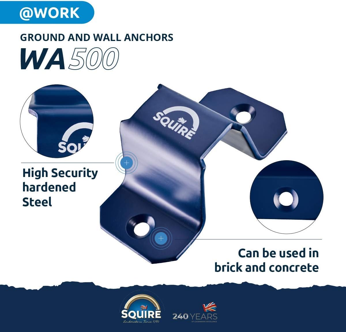 Squire WA500 Heavy Duty Wall and Ground Anchor. Hardened Steel, 5mm Construction. Fixings Included.