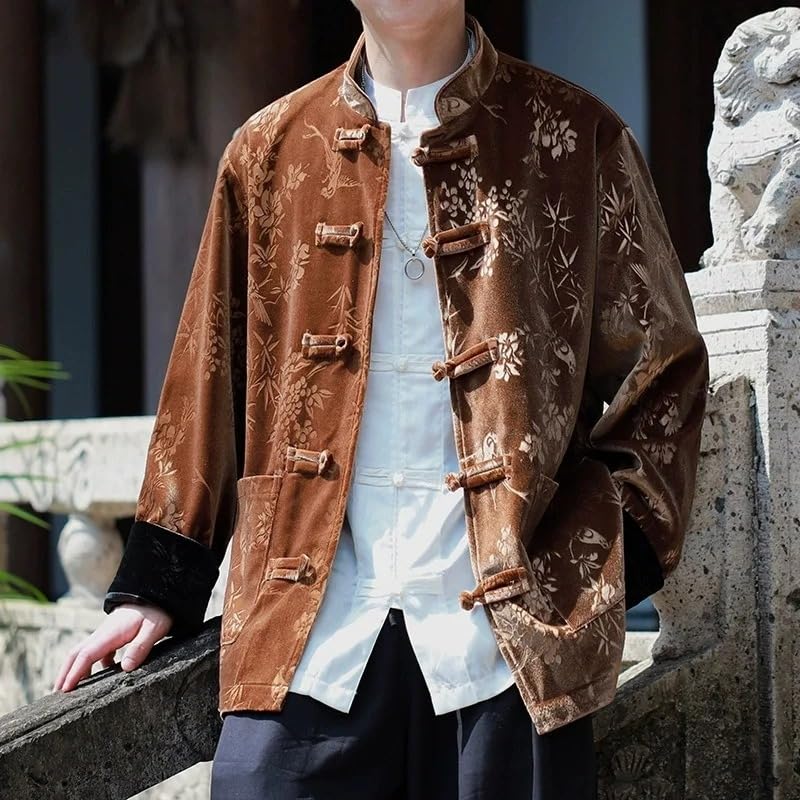 Autumn Winter Jackets Vintage Velvet Print Thickened Tang Suit Coat Men Traditional Chinese Casual Jacket4
