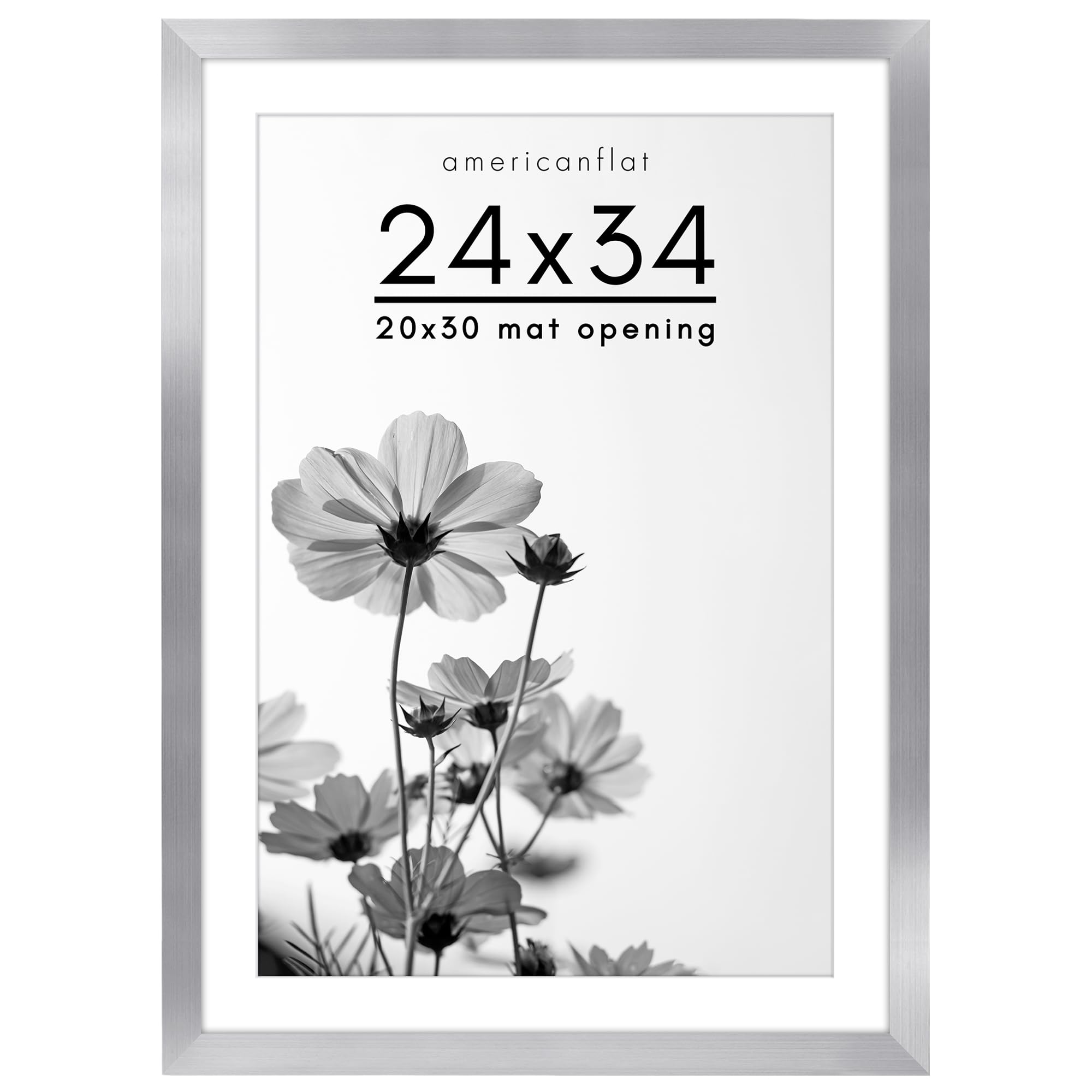 Americanflat 24x34 Poster Frame with Polished Plexiglass - Use as 20x30 Frame with Mat or 24x34 Frame Without Mat - Hudson Collection - Wide Picture Frame for Wall Display - Silver