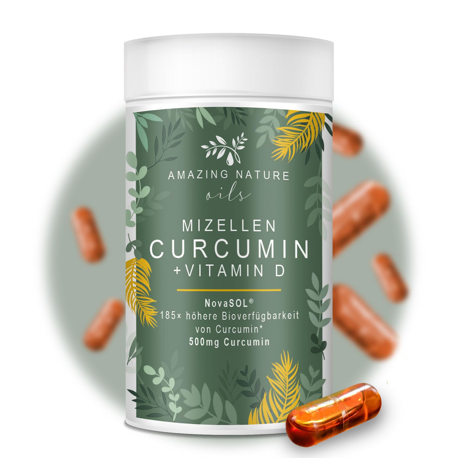 Mizellen Curcuma Kapseln Hochdosiert mit 185x höher verfügbarem NovaSOL Curcumin angereichert mit Vitamin D und C ohne Piperin 1 x 60 Premium Flüssig Kurkuma Kapseln Hochdosiert | 185x Bioverfügbarkeit durch NovaSOL®, ohne Piperin, mit Vitamin D & C für e