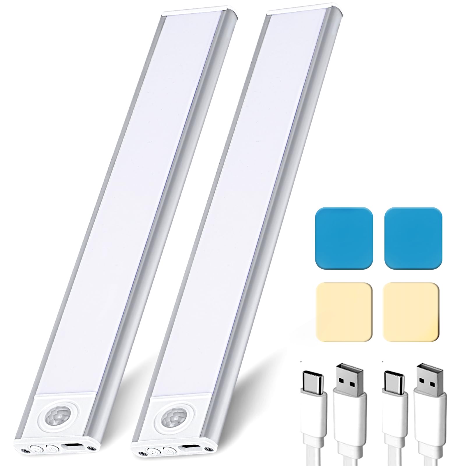 Under Cabinet Lighting, Motion Sensor Light Indoor, Rechargeable Battery Operated Magnetic Dimmable Closet Lights, Wireless Under Counter Lights for Kitchen, Wardrobes, 3 Modes, 2 Pack