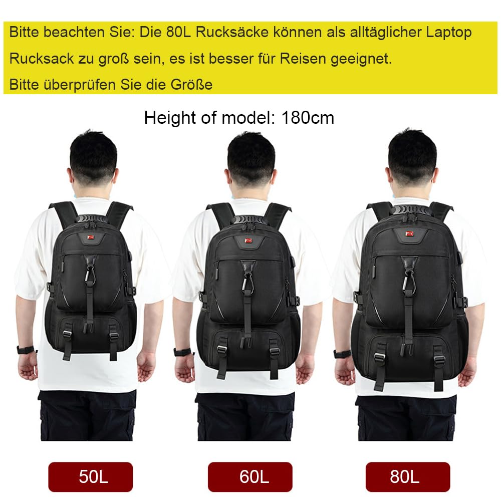 50L 60L 80L Reiserucksack Herren Groß, Erweiterbar Handgepäck Rucksack,17-Zoll Laptoptasche Rucksack Arbeitsrucksack Herren